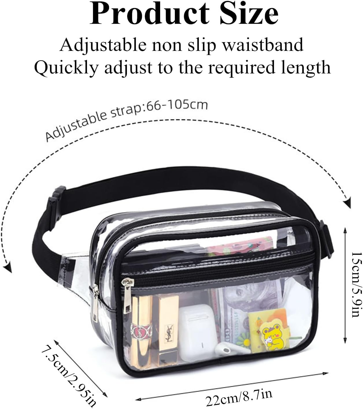 Clear Fanny Pack, PVC Transparent Stadium Bag, Waterproof Adjustable Strap Fanny Pack Crossbody V1259-DP01-A-4230