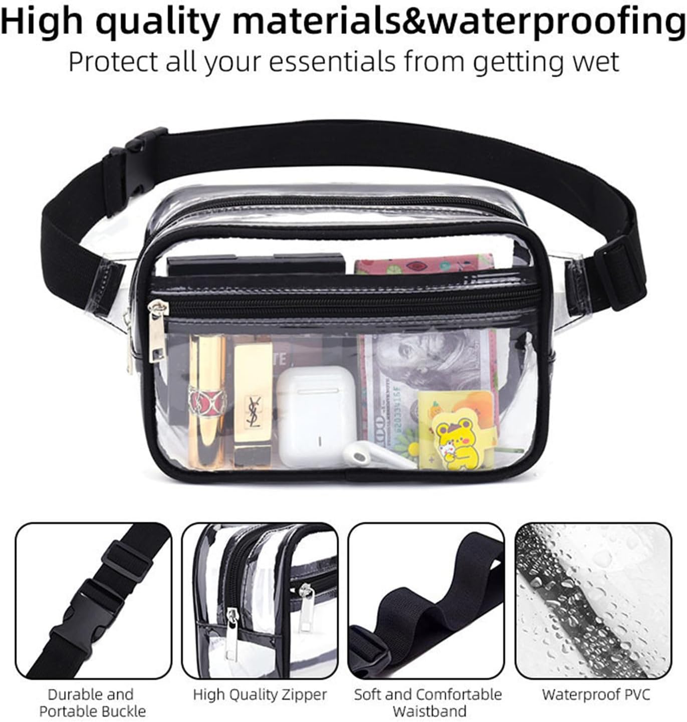 Clear Fanny Pack, PVC Transparent Stadium Bag, Waterproof Adjustable Strap Fanny Pack Crossbody V1259-DP01-A-4230