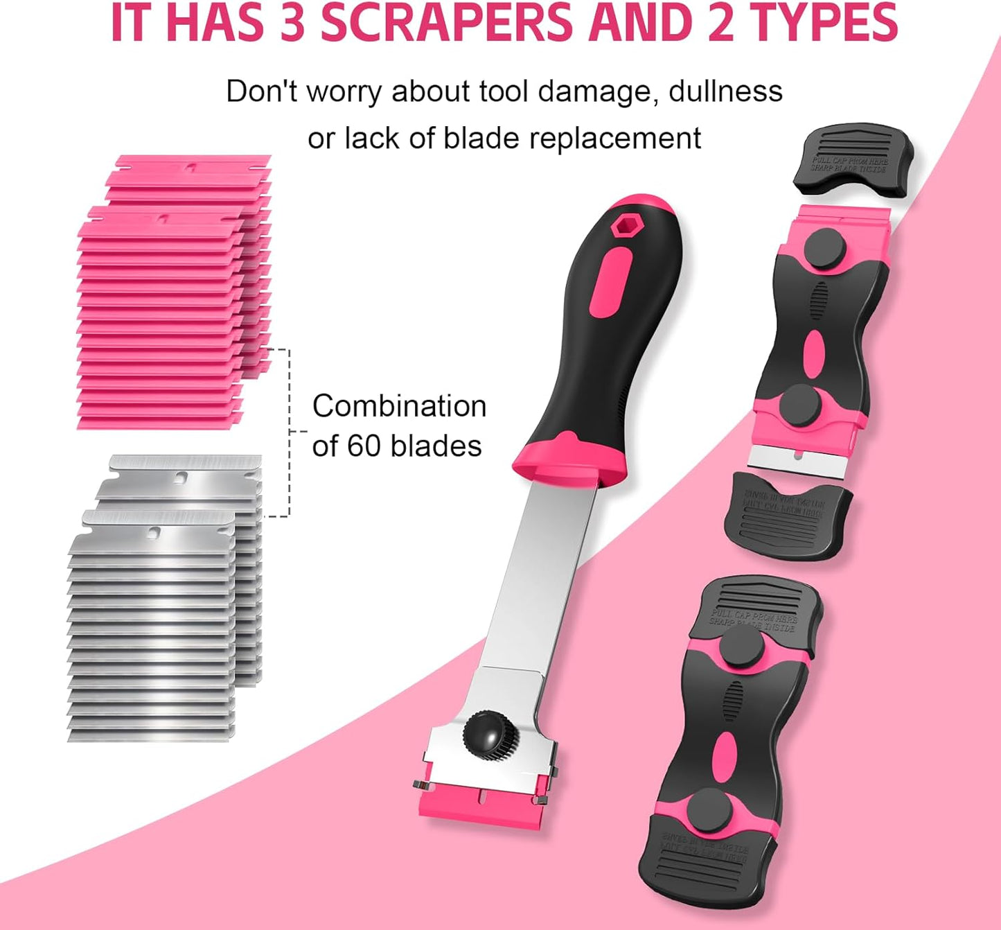 3 Pack Razor Blade Scraper Set, Includes 30 Plastic & 30 Metal Blades, Multi-Purpose Tool for Glass, Cooktop, V1259-DP01-A-4269