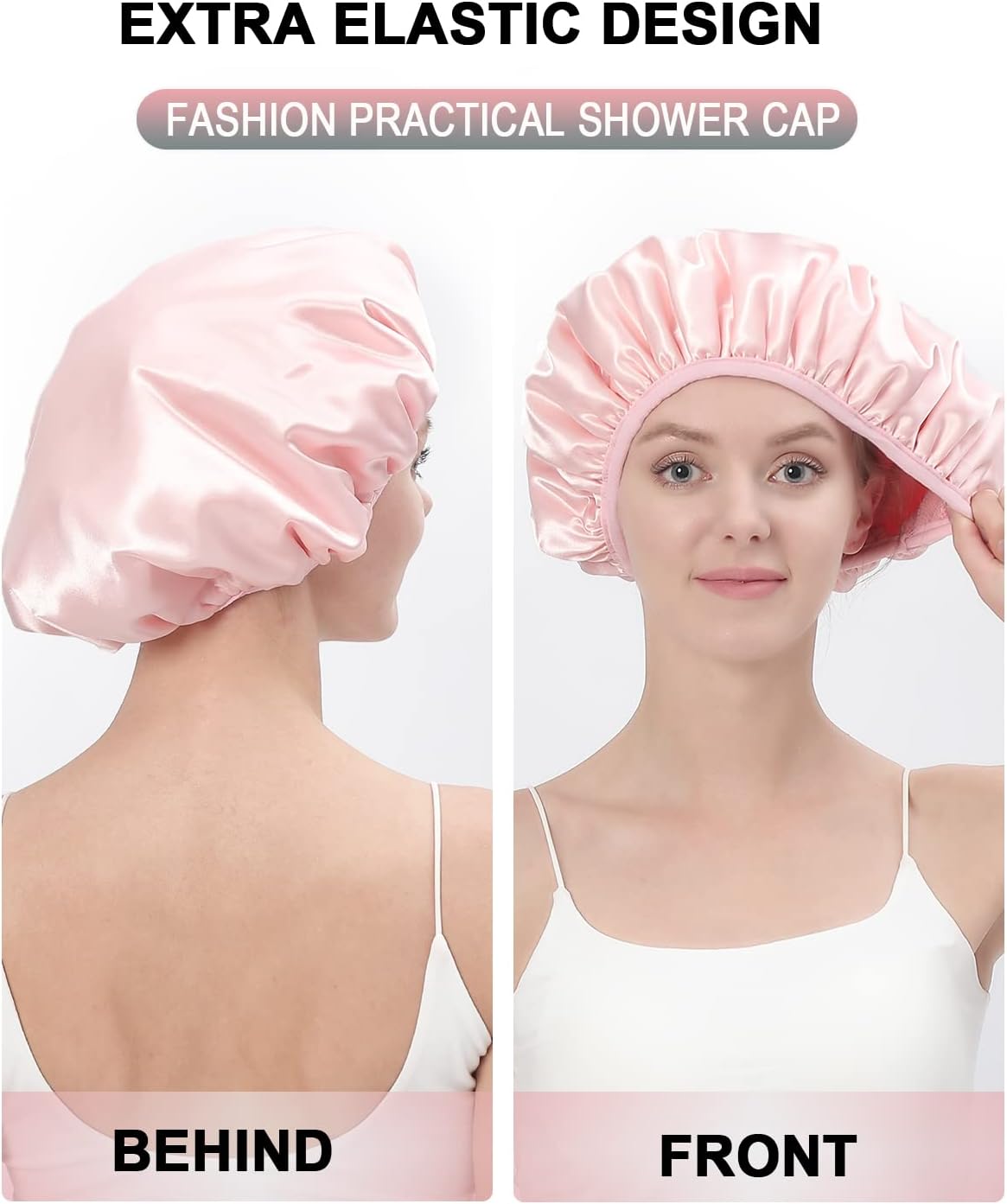 Terry Lined Shower Cap,Triple Layer Large Cap for Women,Shower Cap Reusable Waterproof,Long Thick Hair(Pink) V1259-DP01-A-4282