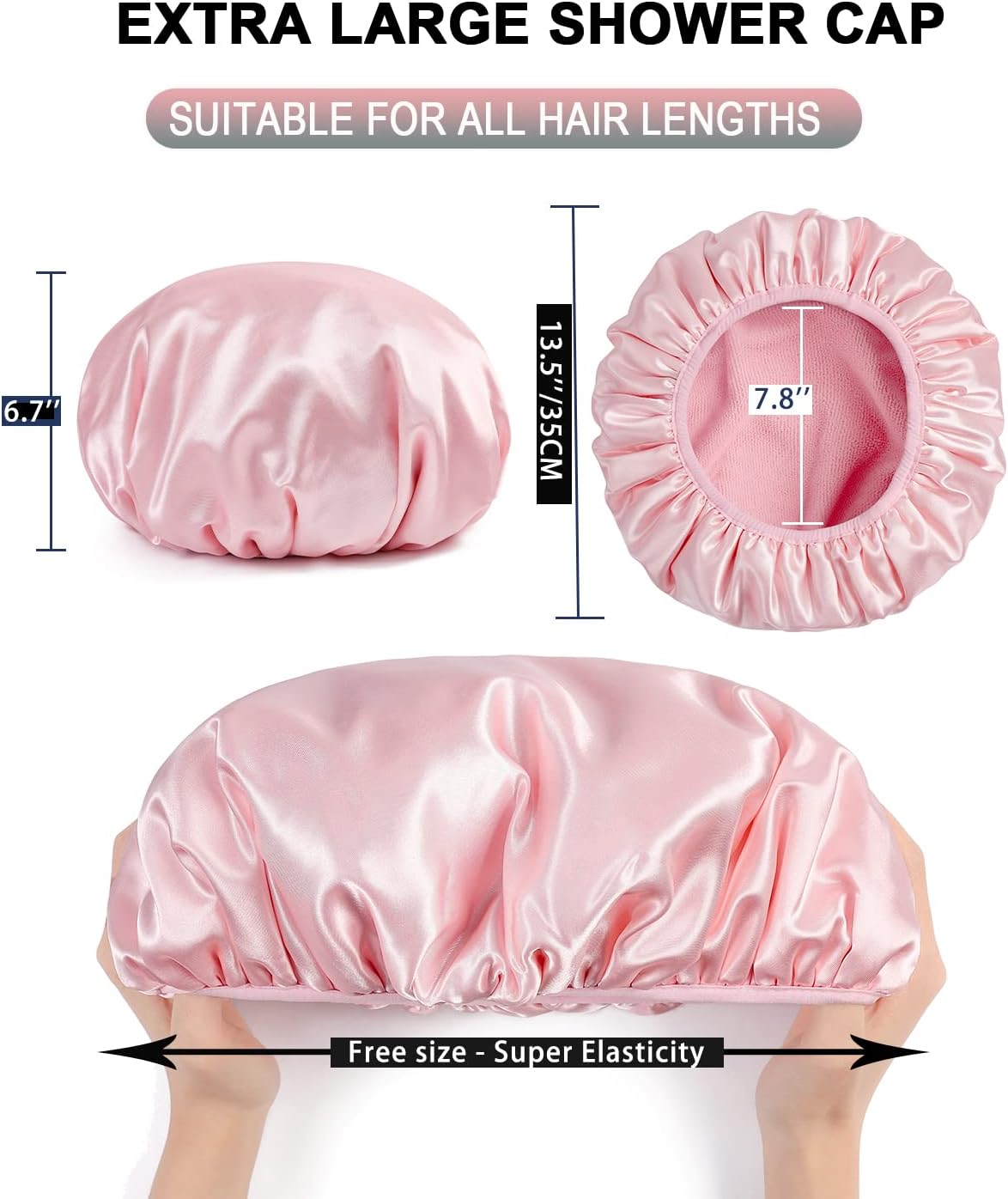 Terry Lined Shower Cap,Triple Layer Large Cap for Women,Shower Cap Reusable Waterproof,Long Thick Hair(Pink) V1259-DP01-A-4282