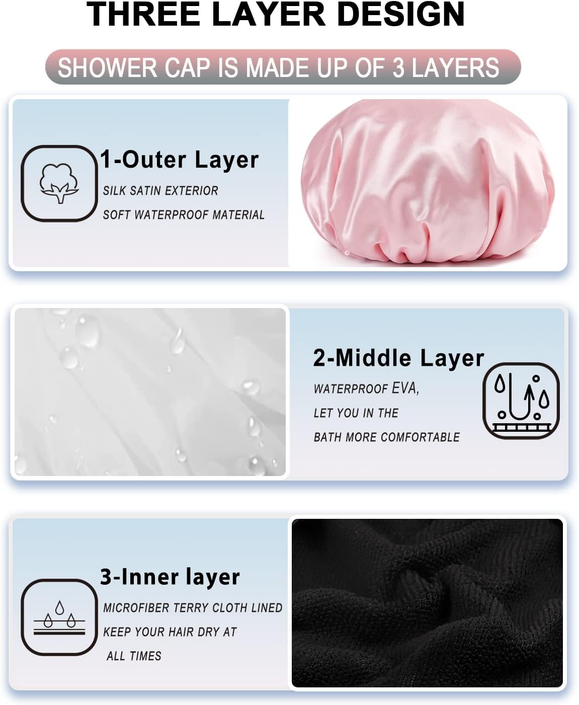 Terry Lined Shower Cap,Triple Layer Large Cap for Women,Shower Cap Reusable Waterproof,Long Thick Hair(Pink) V1259-DP01-A-4282