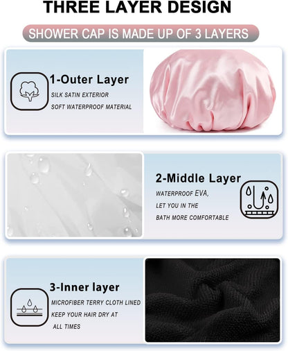 Terry Lined Shower Cap,Triple Layer Large Cap for Women,Shower Cap Reusable Waterproof,Long Thick Hair(Pink) V1259-DP01-A-4282