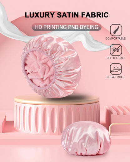 Terry Lined Shower Cap,Triple Layer Large Cap for Women,Shower Cap Reusable Waterproof,Long Thick Hair(Pink) V1259-DP01-A-4282