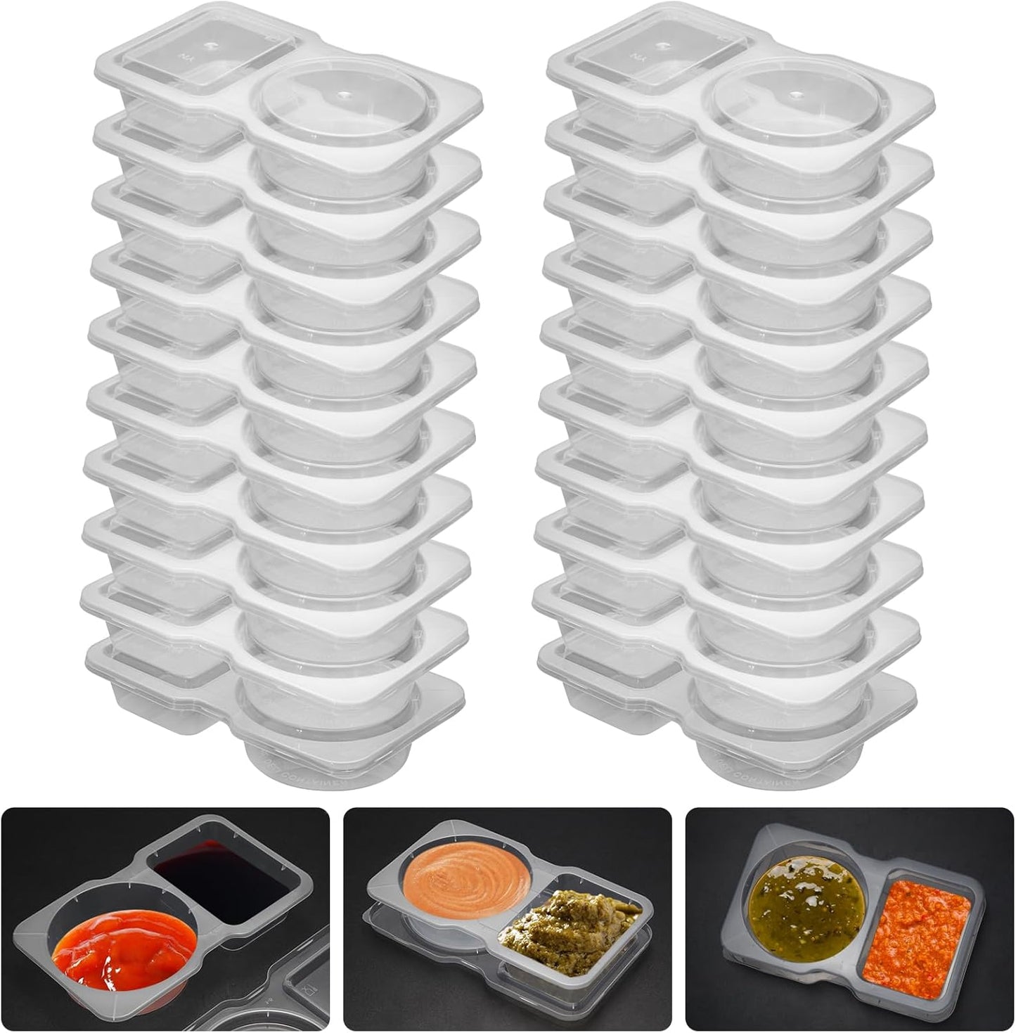 20 Set Reusable Snack Containers, 2-Compartment Dipping Containers with Lid for Refrigeration, Portion V1259-DP01-A-4284