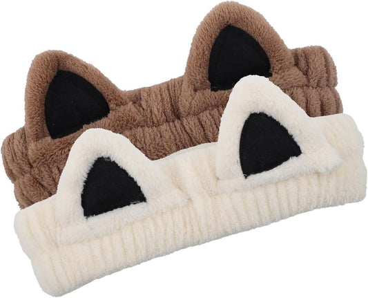 2Pcs Cat Ears Spa Headbands for Washing Face Makeup Skincare, Soft Coral Fleece Facial Wash Hair Accessories, V1259-DP01-A-4305