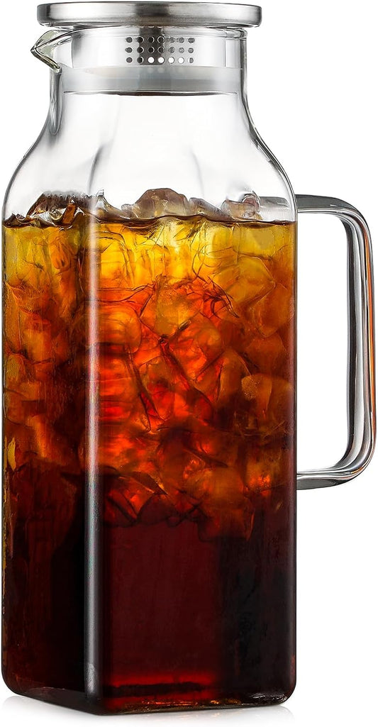 2 Quart (2 Liter 68 oz) Square Glass Pitcher with Lid and Spout, Water Pitchers Handle for Fridge, V1259-DP01-A-4319