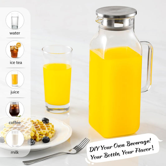 2 Quart (2 Liter 68 oz) Square Glass Pitcher with Lid and Spout, Water Pitchers Handle for Fridge, V1259-DP01-A-4319