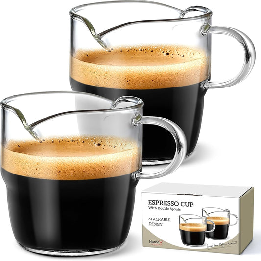 6 OZ Espresso Cups Set of 2, Double Spouts Stackable Cups, Shots Glass Mugs with Handle, Machine Accessories V1259-DP01-A-4326
