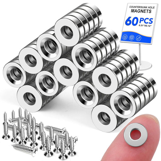 Small Round Magnets with Holes 60 Pack, Cabinet for Doors, Drawers, Rare Earth Refrigerator Magnet Fridge, V1259-DP01-A-4369