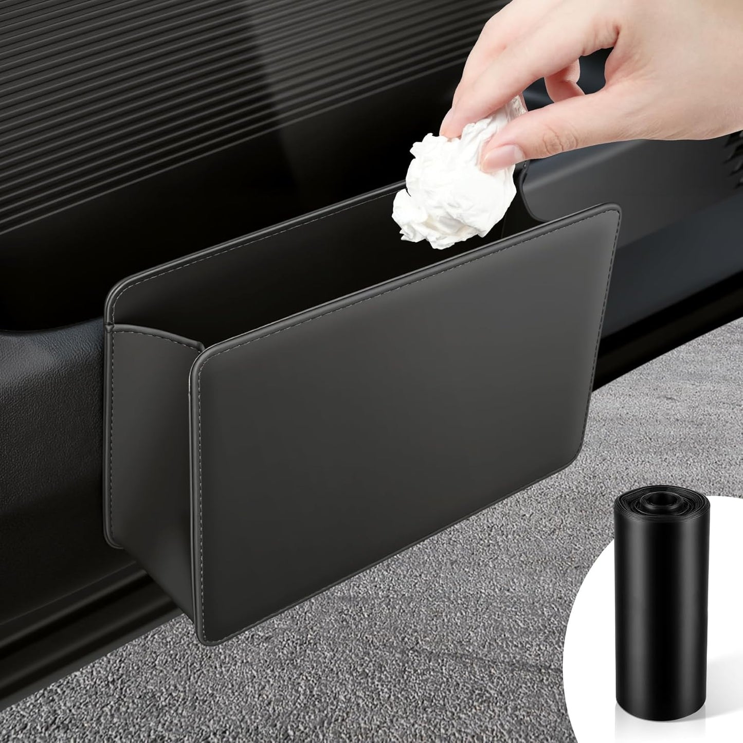 Car Door Trash Can, Leather Vehicle Bin, Mini Dustbin Garbage Container Can with 30 Pcs Bags, Foldable V1259-DP01-A-4396