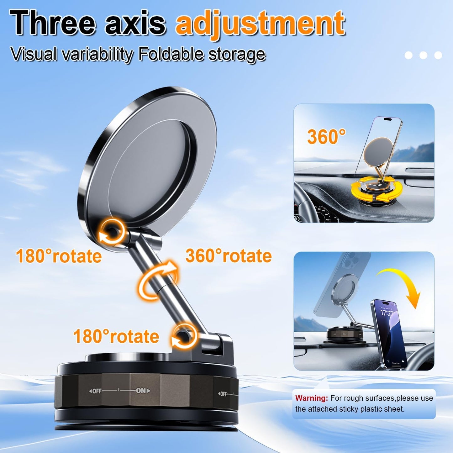 Vacuum Magnetic Car Phone Holder for Magsafe, 360 degrees Adjustable Mount[90+LBS Suction & 2500gf Magnetic], V1259-DP01-A-4397