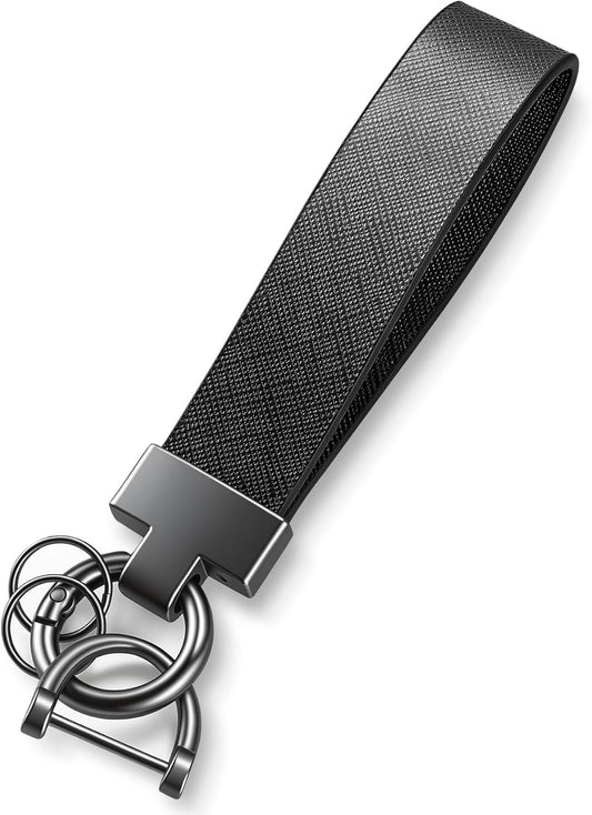 Leather Car Keychain, Universal Heavy Duty Metal Key Chain Holder with 2 Ring and Anti-Lost D-Ring, V1259-DP01-A-4413