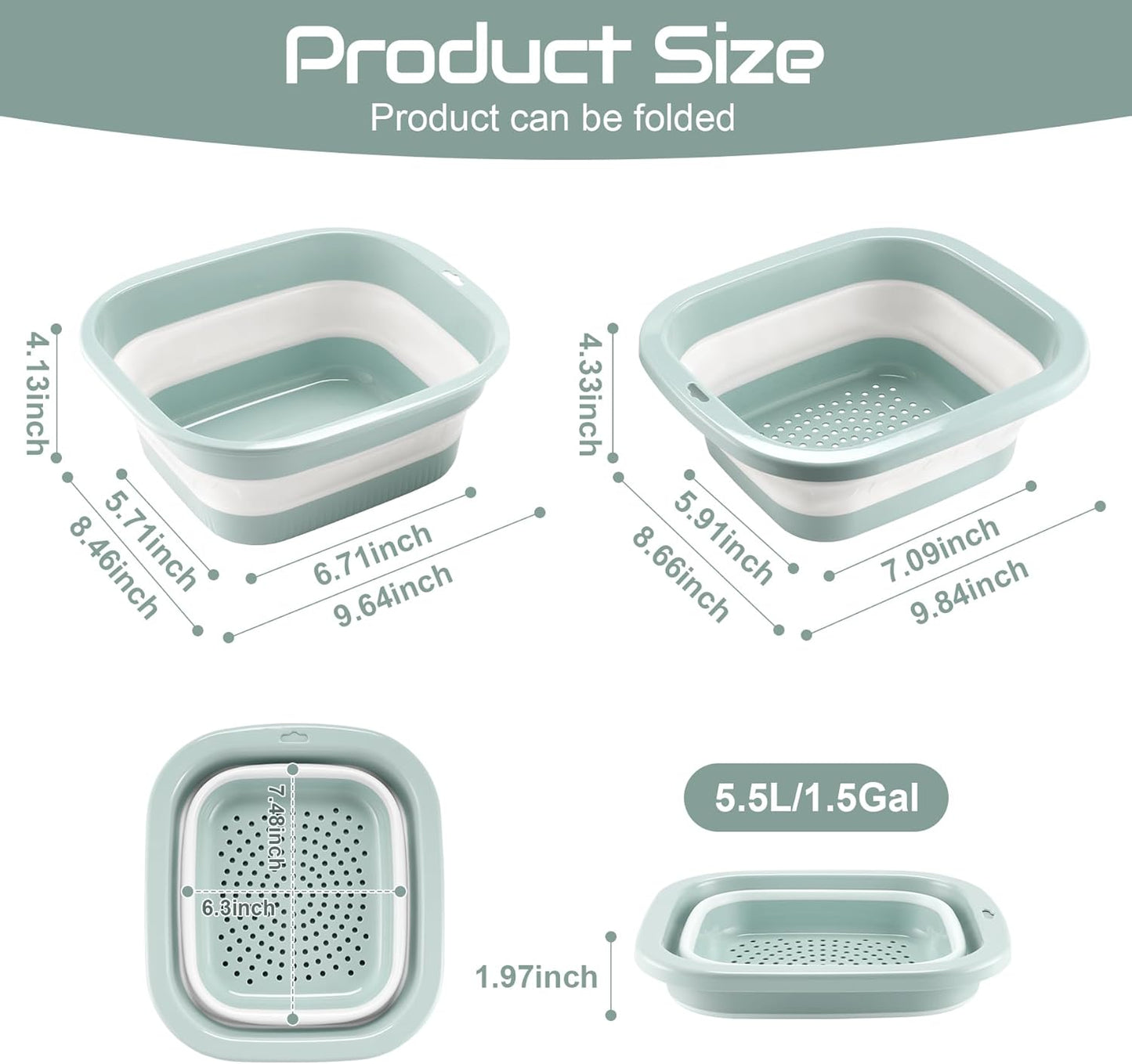 1.5 Gal (5.5L) Collapsible Dish Basin with Drain Basket Colanders, Multiuse Double-Layer Foldable Strainers V1259-DP01-A-4417