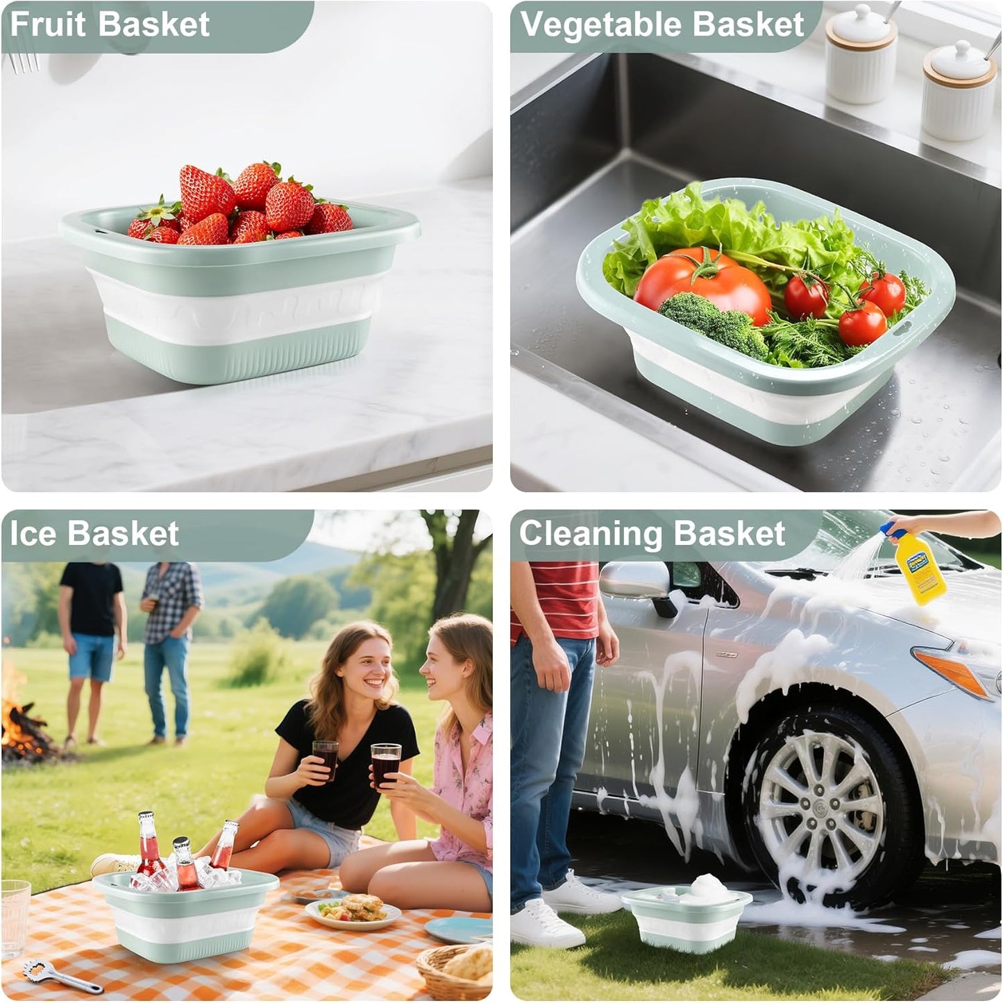 1.5 Gal (5.5L) Collapsible Dish Basin with Drain Basket Colanders, Multiuse Double-Layer Foldable Strainers V1259-DP01-A-4417