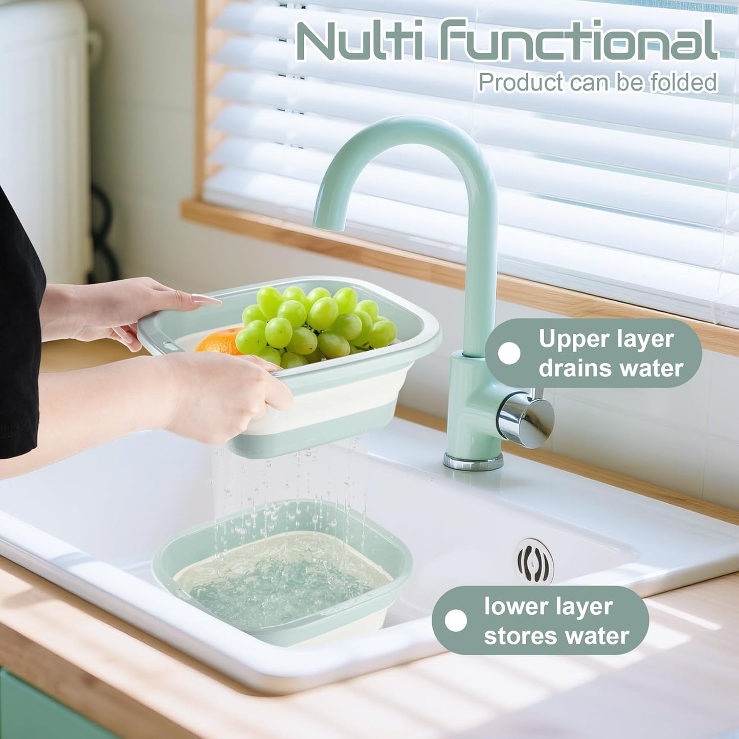 1.5 Gal (5.5L) Collapsible Dish Basin with Drain Basket Colanders, Multiuse Double-Layer Foldable Strainers V1259-DP01-A-4417