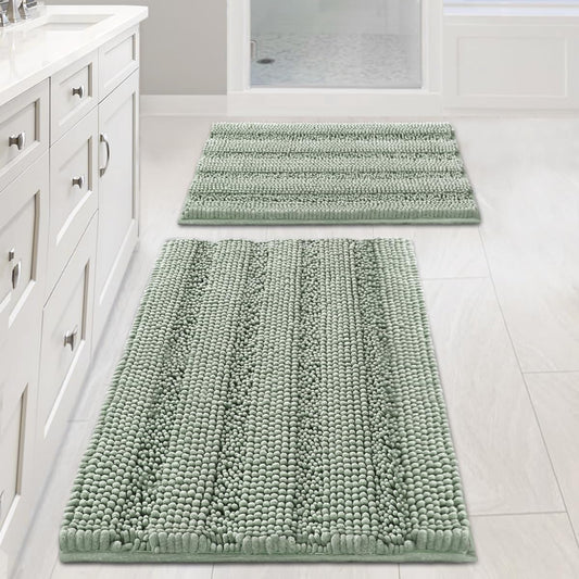 Sage Bathroom Rugs, Bath Mat Set of 2 Extra Thick Chenille Striped Pattern Shaggy Rugs for Room, Non Skid V1259-DP01-A-4428