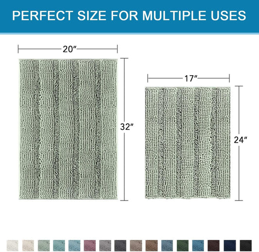 Sage Bathroom Rugs, Bath Mat Set of 2 Extra Thick Chenille Striped Pattern Shaggy Rugs for Room, Non Skid V1259-DP01-A-4428