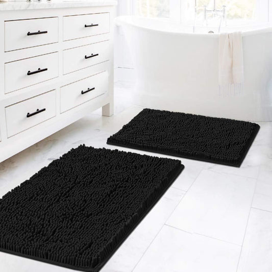Black Bathroom Rug Set 2 Piece, Bath Mats for Floor, Super Thick Soft Shaggy Chenille Machine Washable, Dry V1259-DP01-A-4433