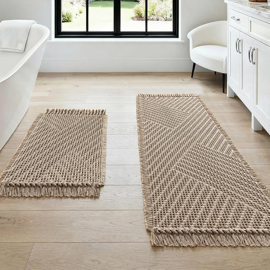 Waffle Bath Mat Super Absorbent Boho Non Slip Rugs for Bathroom Floor Machine Washable Dry Fast with Tassels V1259-DP01-A-4447
