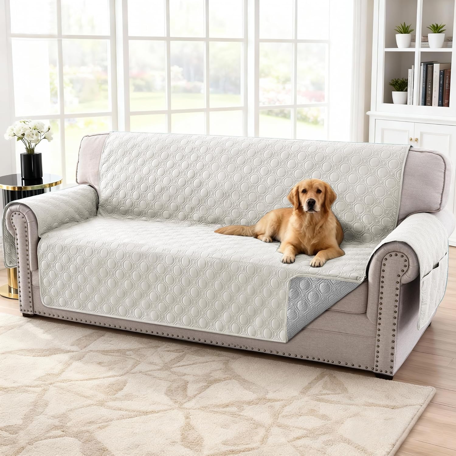 100% Waterproof Couch Cover for 3 Cushion Sofa Washable Pet Friendly with Elastic Straps Thick Durable V1259-DP01-A-4454