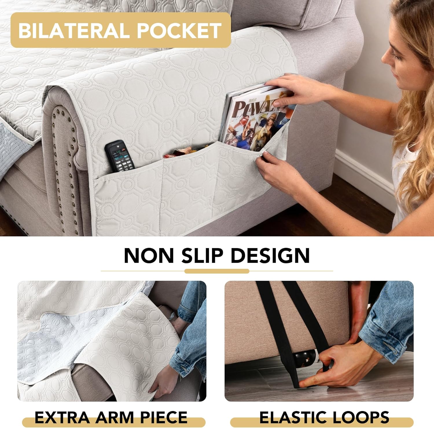 100% Waterproof Couch Cover for 3 Cushion Sofa Washable Pet Friendly with Elastic Straps Thick Durable V1259-DP01-A-4454