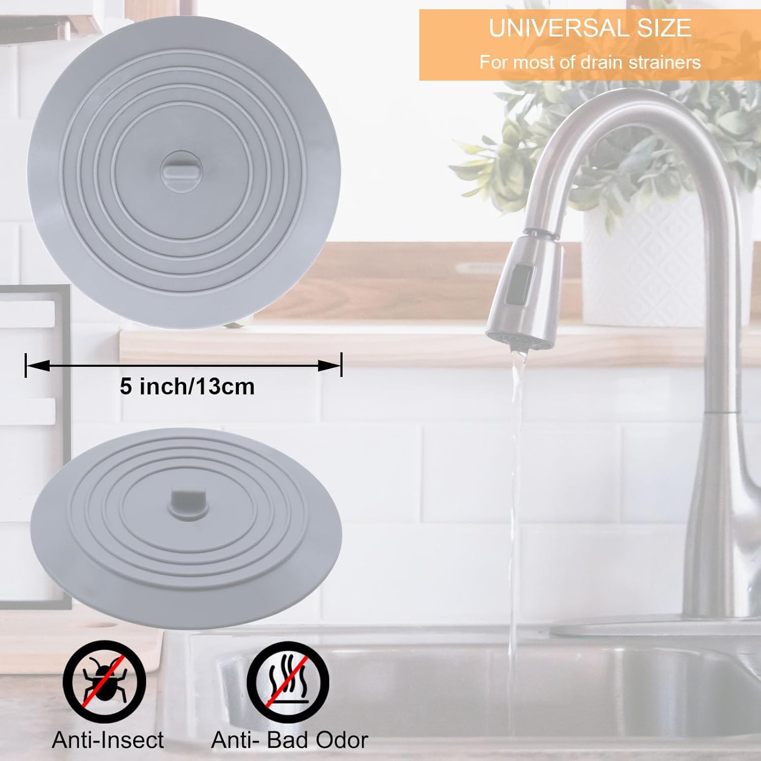 Bathtub Drain Stopper 3 Pack, 5inch Tub Cover, Silicone Bath Plug Essentials Flat Suction for Kitchen V1259-DP01-A-4488