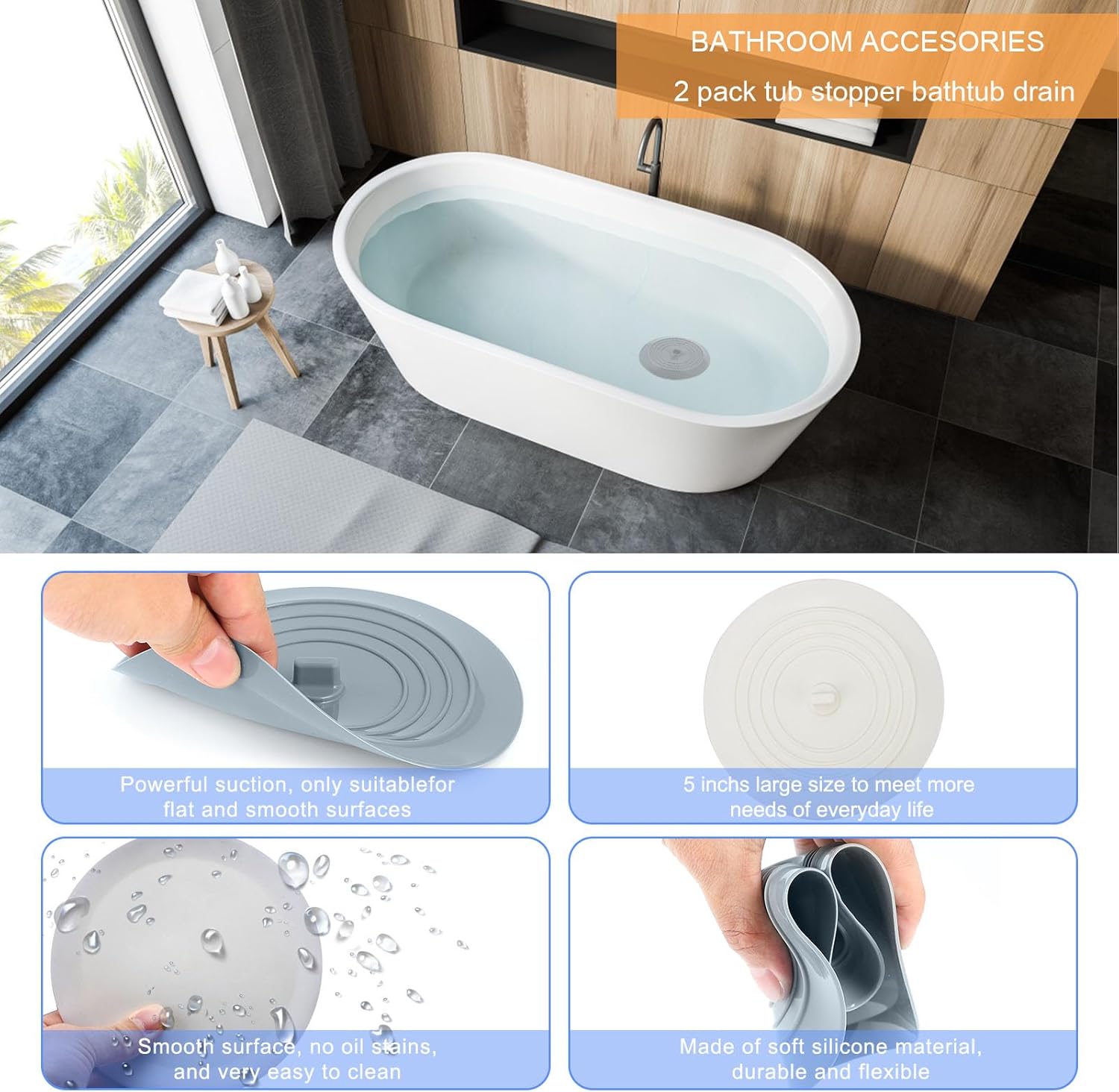 Bathtub Drain Stopper 3 Pack, 5inch Tub Cover, Silicone Bath Plug Essentials Flat Suction for Kitchen V1259-DP01-A-4488