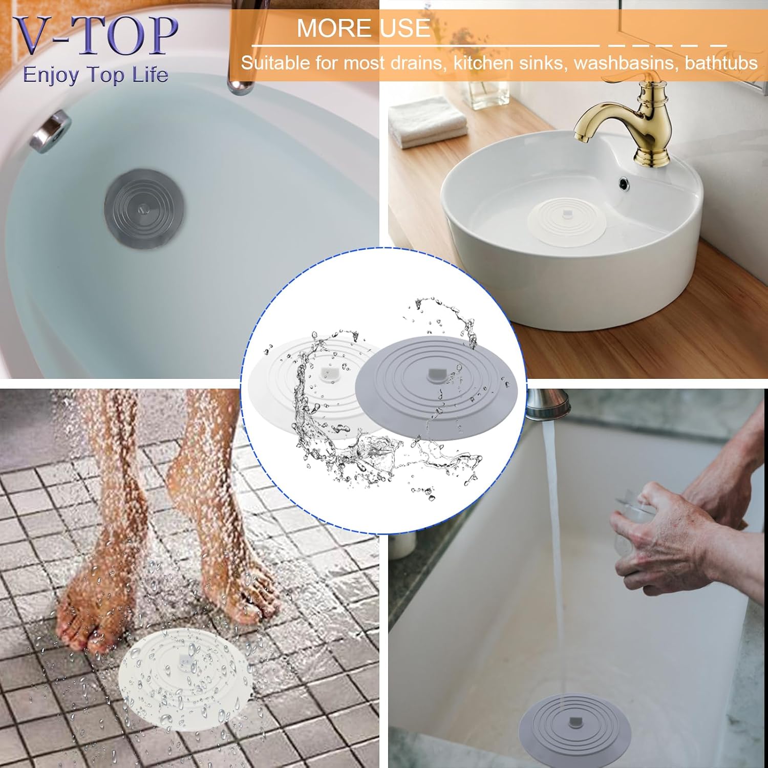 Bathtub Drain Stopper 3 Pack, 5inch Tub Cover, Silicone Bath Plug Essentials Flat Suction for Kitchen V1259-DP01-A-4488