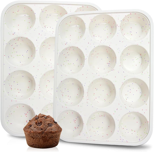 Silicone Muffin Pan, Metal Reinforced Frame Cupcake Pan 12 Cups Regular Size Easy to Move in or Out of Oven V1259-DP01-A-4507