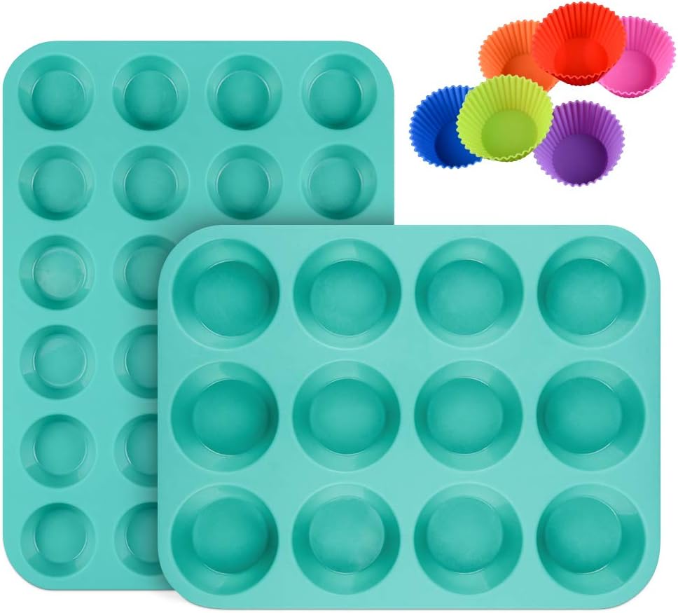 Silicone Muffin Pan Cupcake Set - Mini 24 Cups and Regular 12 Tin, Nonstick Food Grade Molds with Baking V1259-DP01-A-4509