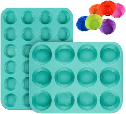 Silicone Muffin Pan Cupcake Set - Mini 24 Cups and Regular 12 Tin, Nonstick Food Grade Molds with Baking V1259-DP01-A-4509