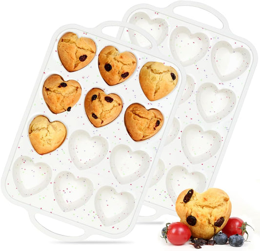 Heart Shaped Silicone Muffin Pan, Metal Reinforced Frame 12 Cups Molds for Valentine's Day Baking Muffins, V1259-DP01-A-4510