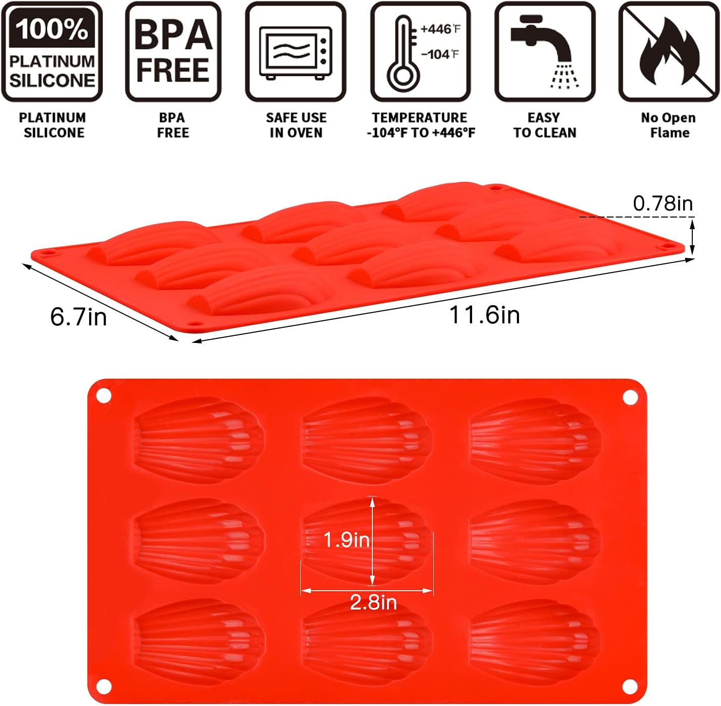 Silicone Madeleine Pans - 9 Cups Mold for Small Cake, Chocolate, Cookies Pack of 2 V1259-DP01-A-4512
