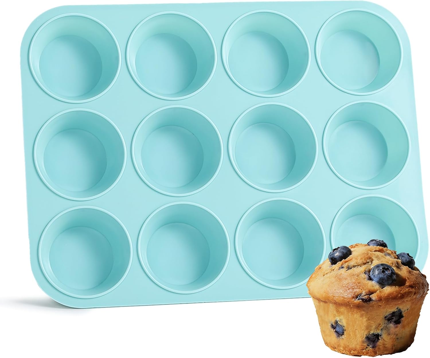 Silicone Muffin Pan, Regular Size 12 Cups Non Stick Cupcake Pan for Baking, Light Blue - V1259-DP01-A-4515