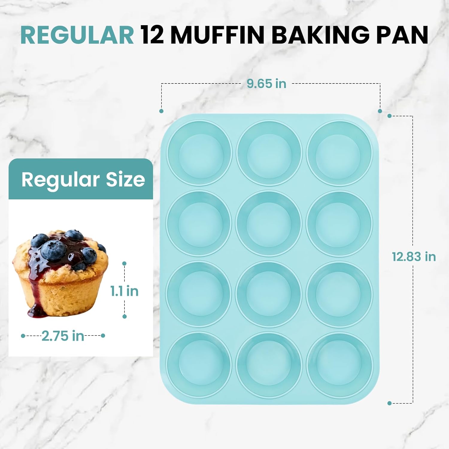 Silicone Muffin Pan, Regular Size 12 Cups Non Stick Cupcake Pan for Baking, Light Blue - V1259-DP01-A-4515