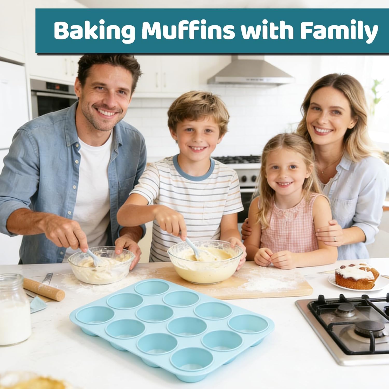 Silicone Muffin Pan, Regular Size 12 Cups Non Stick Cupcake Pan for Baking, Light Blue - V1259-DP01-A-4515