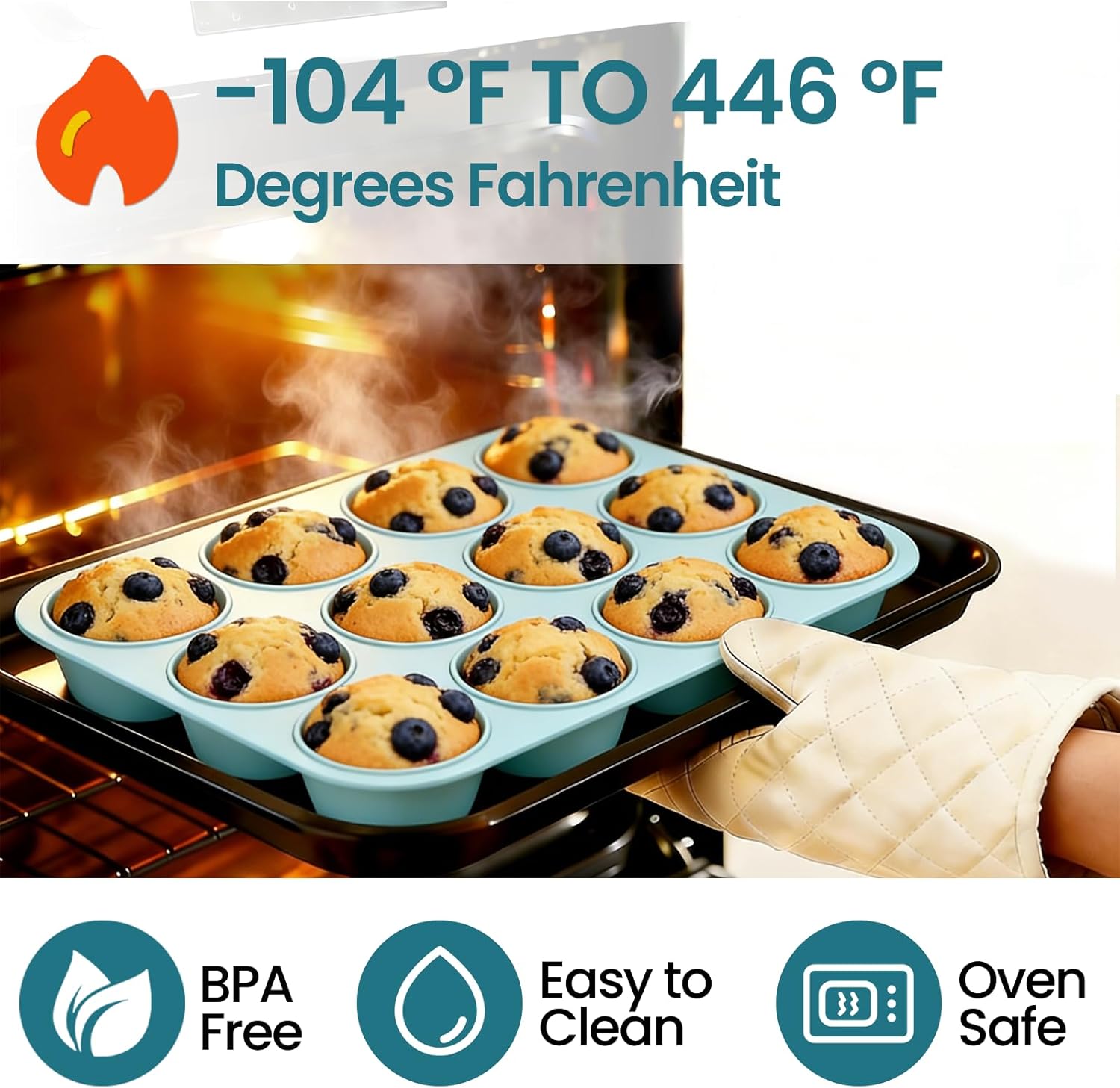 Silicone Muffin Pan, Regular Size 12 Cups Non Stick Cupcake Pan for Baking, Light Blue - V1259-DP01-A-4515