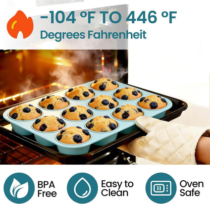 Silicone Muffin Pan, Regular Size 12 Cups Non Stick Cupcake Pan for Baking, Light Blue - V1259-DP01-A-4515