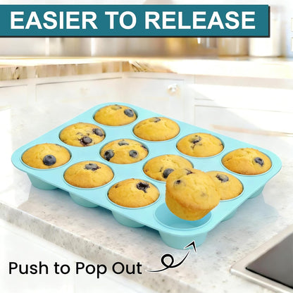 Silicone Muffin Pan, Regular Size 12 Cups Non Stick Cupcake Pan for Baking, Light Blue - V1259-DP01-A-4515