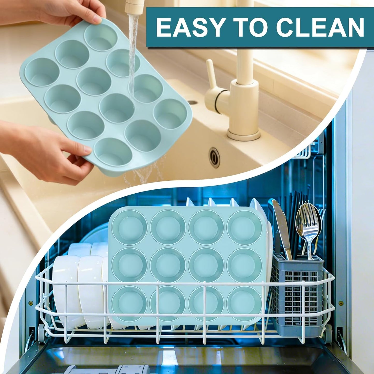 Silicone Muffin Pan, Regular Size 12 Cups Non Stick Cupcake Pan for Baking, Light Blue - V1259-DP01-A-4515