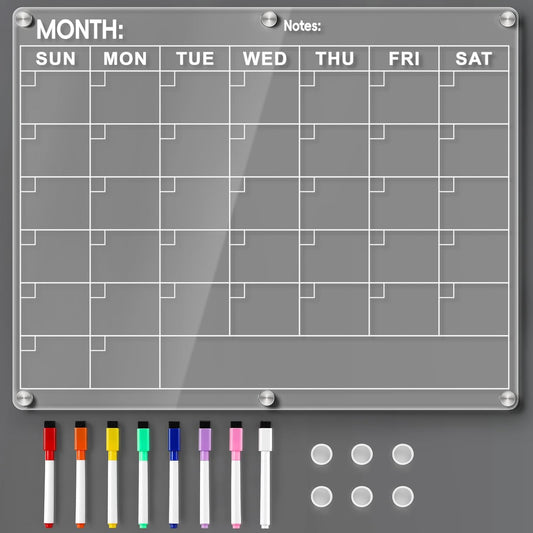 Acrylic Fridge Calendar, Magnetic Monthly Planner with 8 Color Markers, Clear Dry Erase Board for V1259-DP01-A-4555
