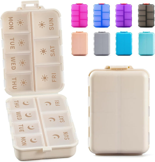 NEW Foldable & Double Protection Portable Weekly Pill Organizer 2 Times A Day with Etched Labels, AM PM 7 V1259-DP01-A-4559