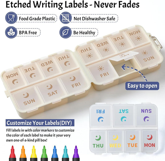 NEW Foldable & Double Protection Portable Weekly Pill Organizer 2 Times A Day with Etched Labels, AM PM 7 V1259-DP01-A-4559