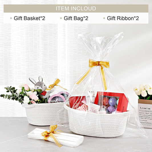 2 Pack Small Woven Basket with Gift Bags and Ribbons, Empty Decorative Chest Box, Cute Baby for Nursery, V1259-DP01-A-4561