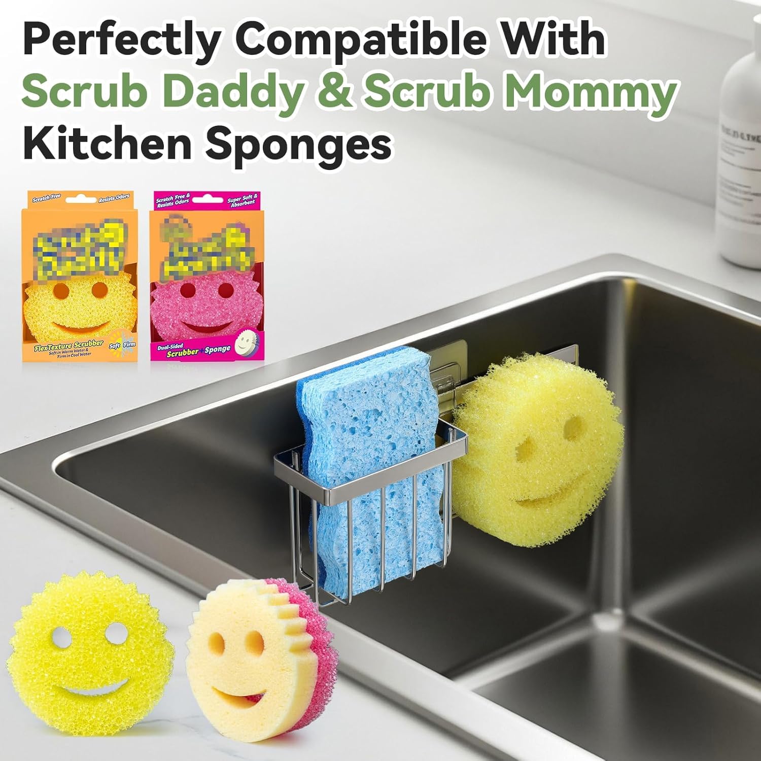 [Slim & Space-saving] Sponge Holder for Kitchen Sink, Caddy Scrub Daddy / Mommy Smiley Face, Sink Organizer V1259-DP01-A-4568