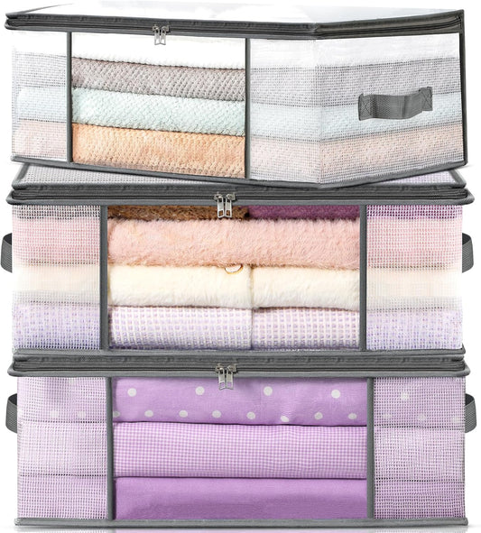 3-Pack Clothes Storage Bags, Plastic Foldable Blanket bins, Closet Organizer Container for Bedroom, Bedding, V1259-DP01-A-4583