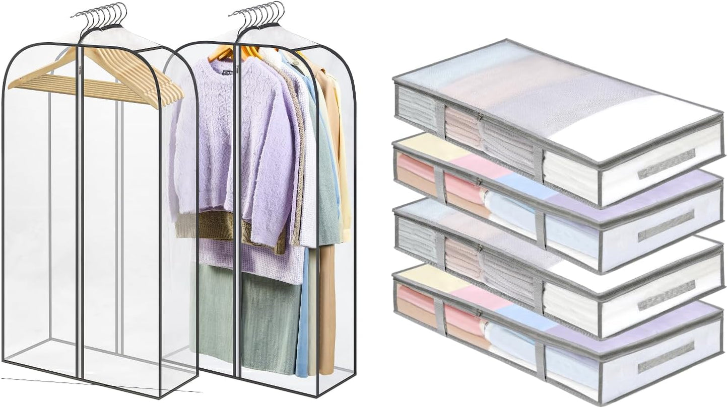 4 Packs Under Bed Storage Containers Bins-55L, 2 Pack Clear Garment Bags-40'' Long - V1259-DP01-A-4592