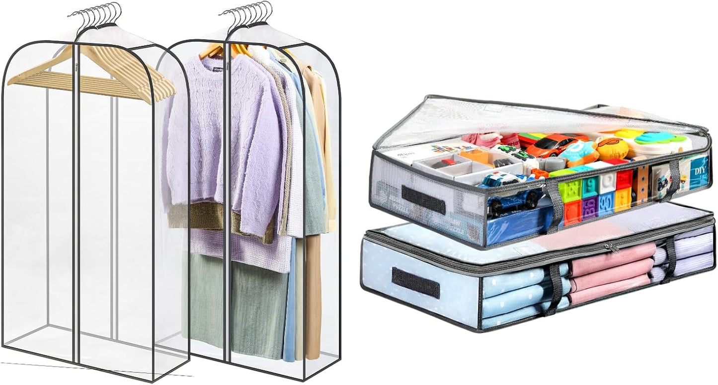 2 Packs Under Bed Storage Containers Bins-55L, Pack Clear Garment Bags-40'' Long - V1259-DP01-A-4593