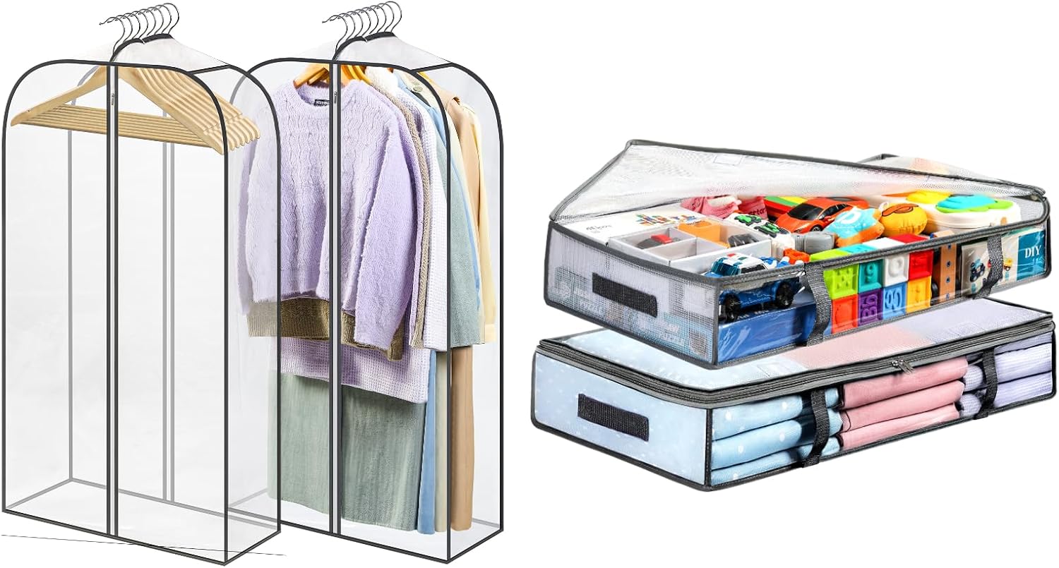 2 Packs Under Bed Storage Containers Bins-55L, Pack Clear Garment Bags-40'' Long - V1259-DP01-A-4593